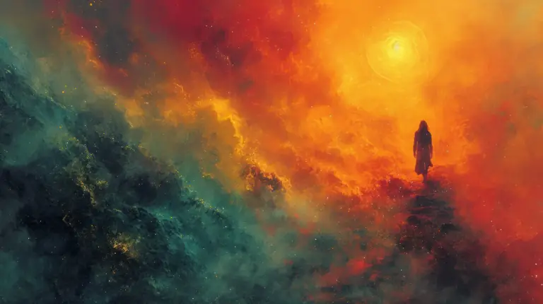 Lone silhouette against a fiery cosmic landscape