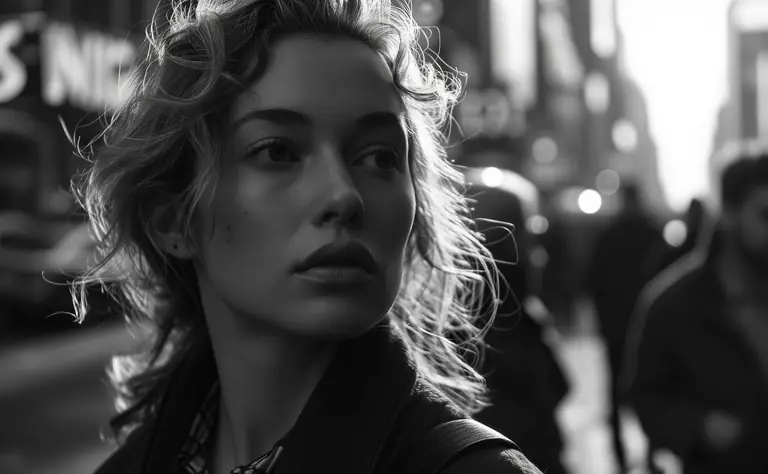 Young woman illuminated at dusk on a city street