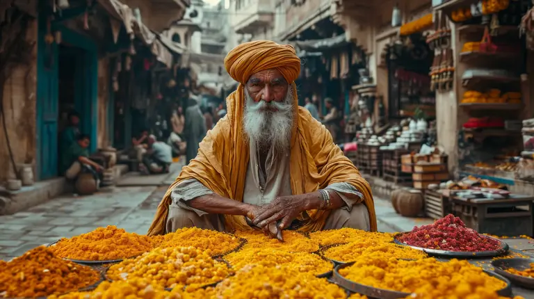 Marigold merchant looking towards the camera