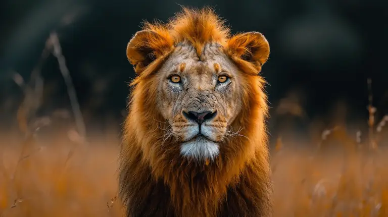 Staring lion in golden savanna grass