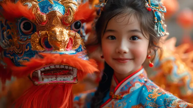 Child meeting a Chinese dragon dance mask